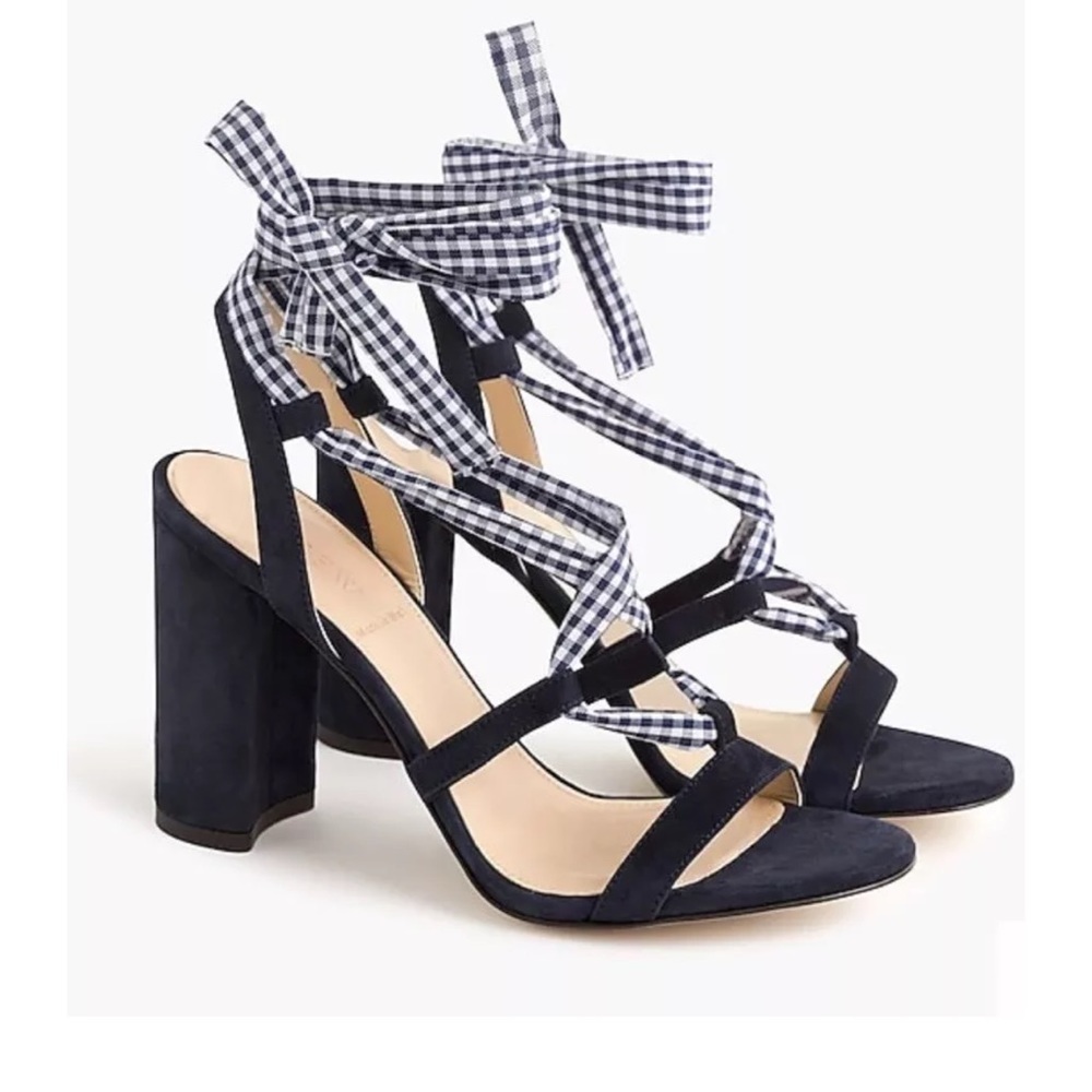 J. Crew Stella Sandals Chunky Block Heel Gingham Ribbon LaceUp Dark Pacific 10.5